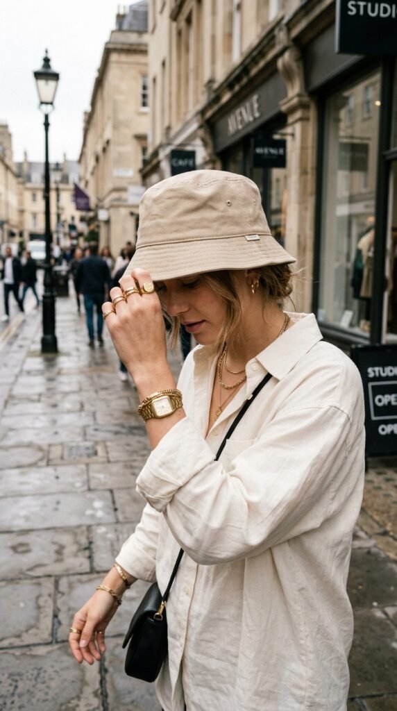 Woman_adjusting_bucket_hat_202606061605 Woman_adjusting_bucket_hat_
