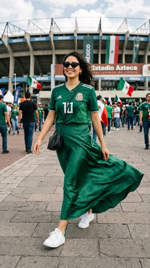 Woman_walking_stadium_plaza_jersey and skirt Woman_walking_stadium_plaza_jersey and skirt