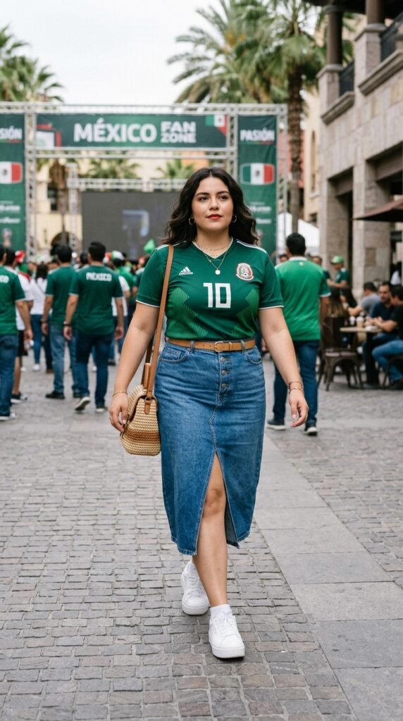 Woman_wearing_Mexico_jersey_denim midi skirt Woman_wearing_Mexico_jersey_denim midi skirt
