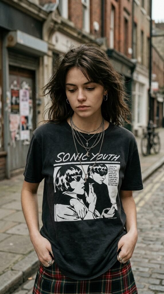 Woman_wearing_band_tee_plaid_ Woman_wearing_band_tee_plaid_