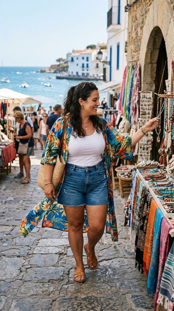 Woman_wearing_kimono_denim_shorts_ Woman_wearing_kimono_denim_shorts_