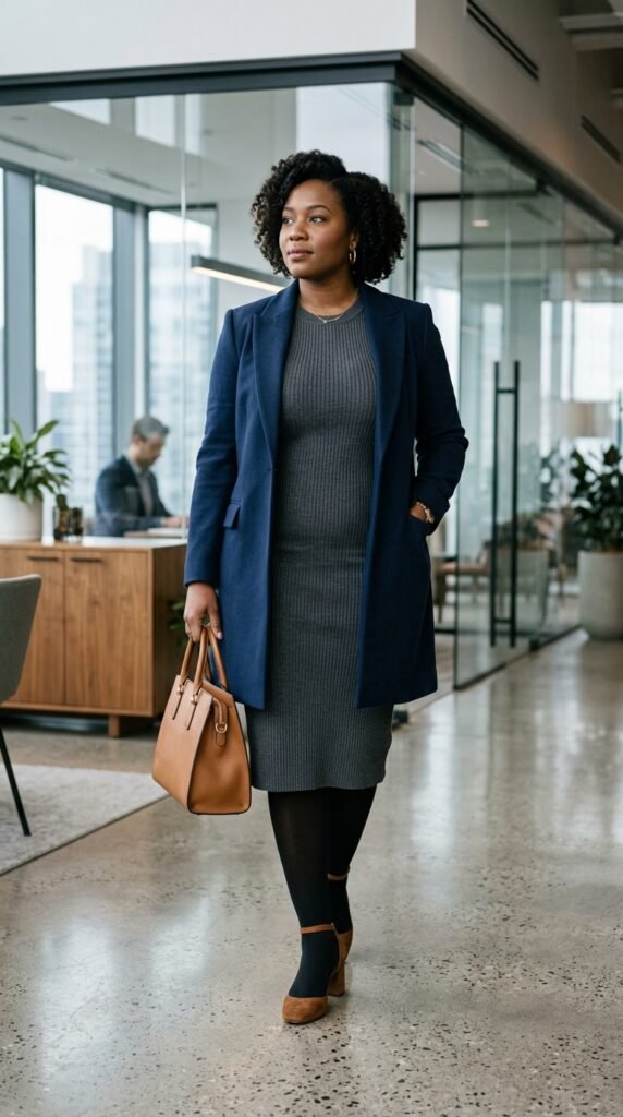 Woman_wearing_knit_dress_blazer_ Woman_wearing_knit_dress_blazer_
