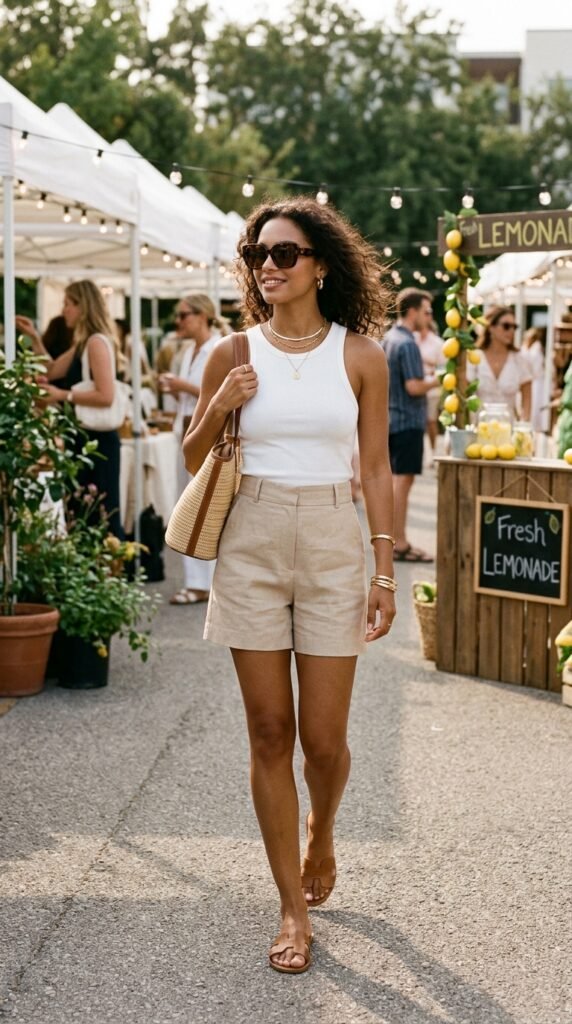 Woman_wearing_linen_shorts_tanktop Woman_wearing_linen_shorts_tanktop