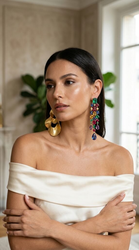 Woman_wearing_mismatched_statement earrings Woman_wearing_mismatched_statement earrings