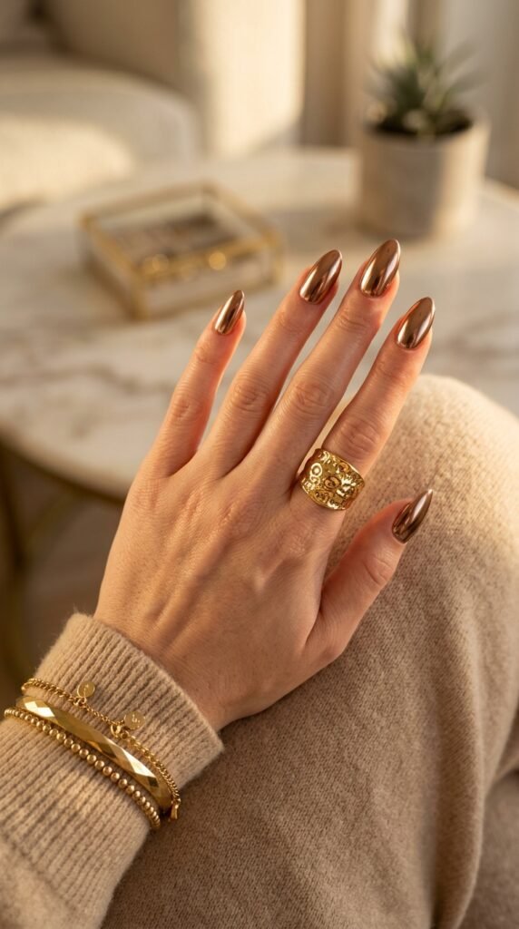 Bronze_chrome_nails_with_ring Bronze_chrome_nails_with_ring
