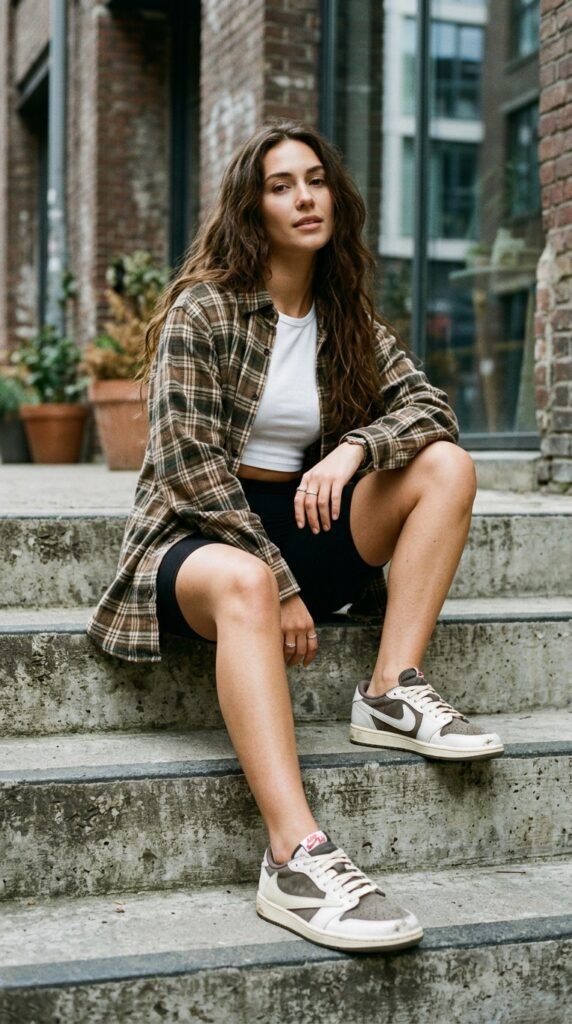 Flannel_shirt_cycling_shorts_sneakers Flannel_shirt_cycling_shorts_sneakers