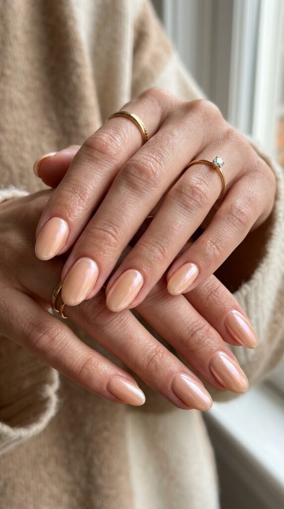 Glazed_peach_nails_with_rings_202607271526 Glazed peach nails with rings 202607271526 August Nail Ideas