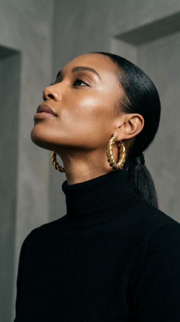 Model_wearing_twisted_gold_hoops Model_wearing_twisted_gold_hoops