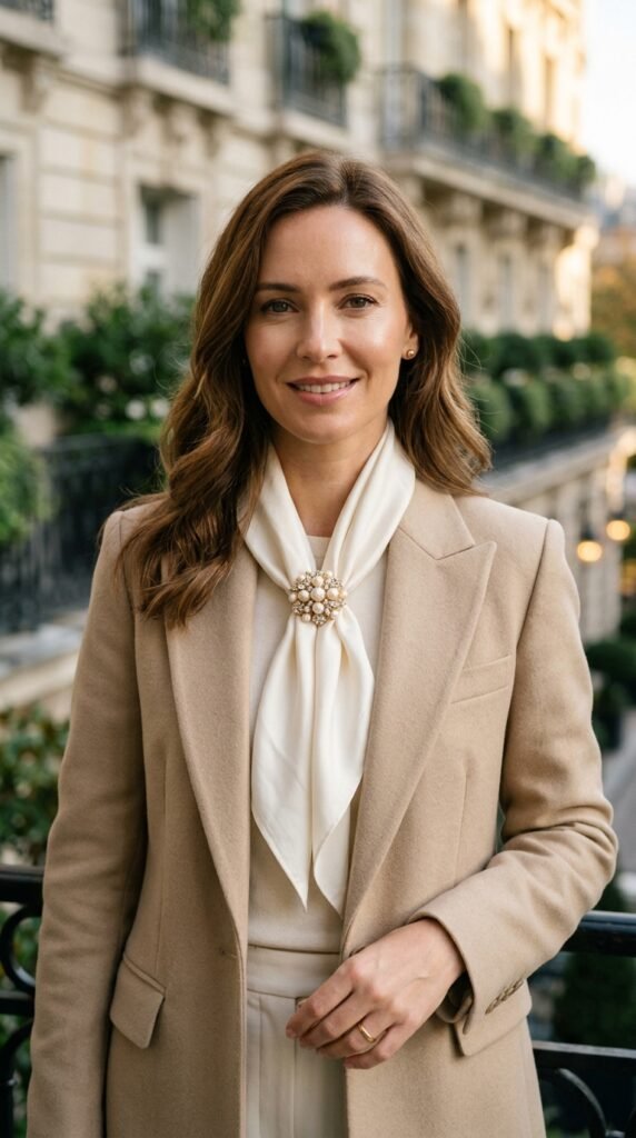 Woman_fastening_silk_scarf_brooch Woman_fastening_silk_scarf_brooch