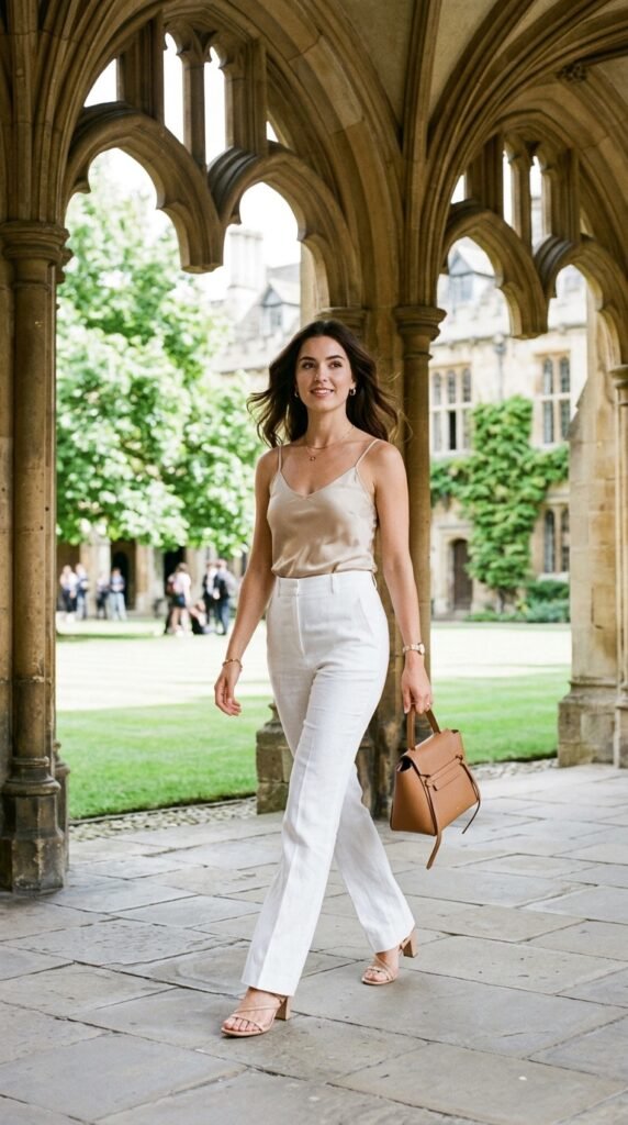 white wide leg trousers with a satin tank white wide leg trousers with a satin tank
