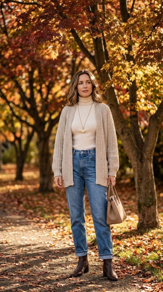 Woman_wearing_cardigan_turtleneck_202607281437 Woman wearing cardigan turtleneck 202607281437 Fall Layering Outfit Ideas