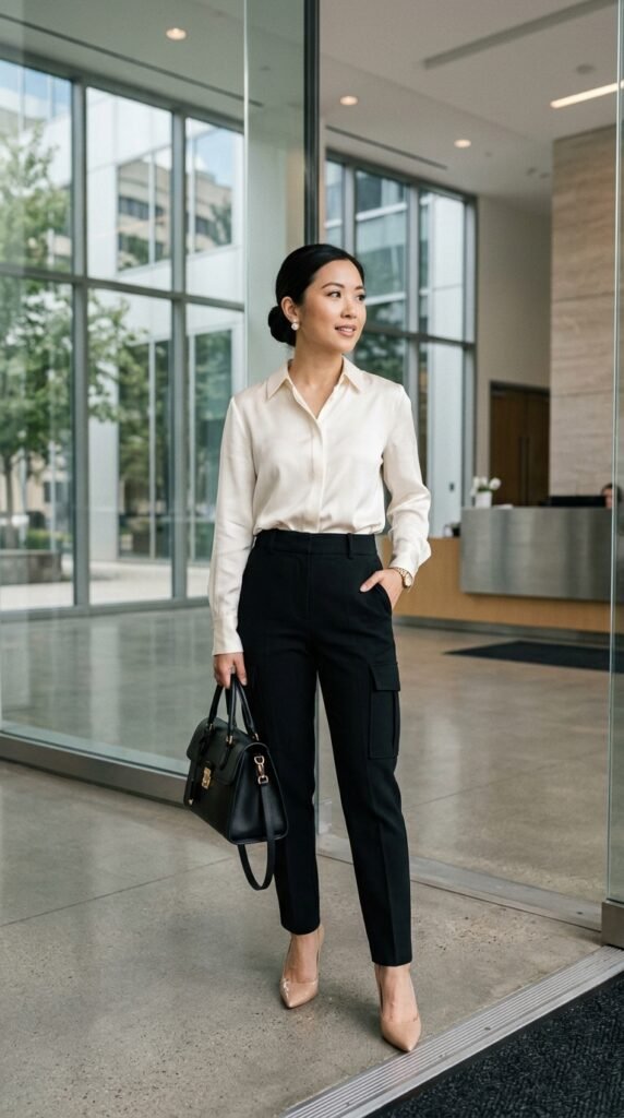 Woman_wearing_cargo_pants_blouse Woman_wearing_cargo_pants_blouse