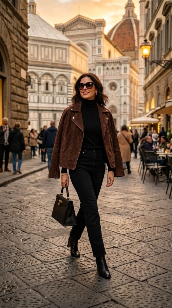 Woman_wearing_chocolate_suede_jacket Woman_wearing_chocolate_suede_jacket