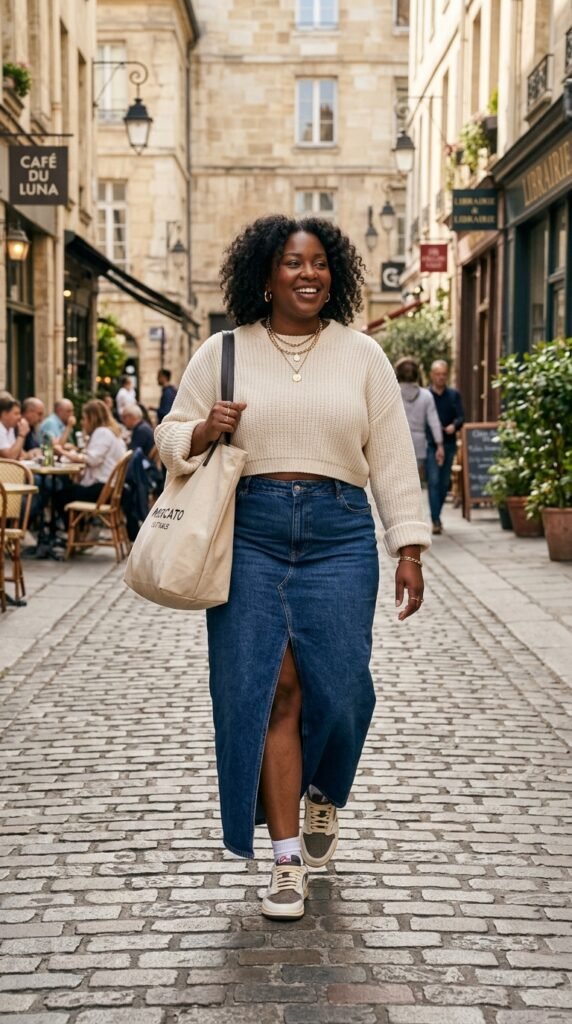 Woman_wearing_denim_skirt_knit_ Woman_wearing_denim_skirt_knit_