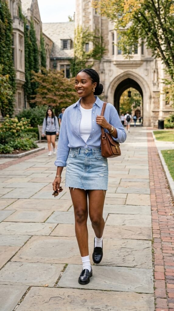 Woman_wearing_denim_skirt_shirt Woman_wearing_denim_skirt_shirt