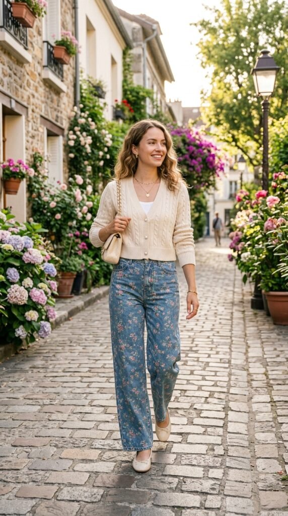 Woman_wearing_floral_jeans_cardigan Woman_wearing_floral_jeans_cardigan