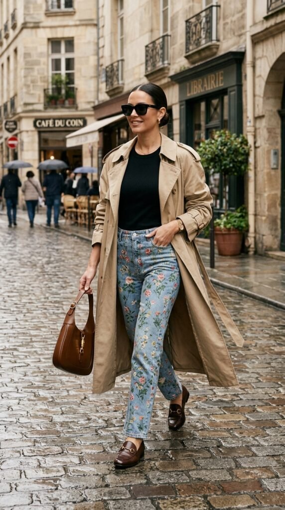 Woman_wearing_floral_jeans_trench coat Woman_wearing_floral_jeans_trench coat
