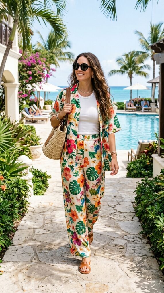 Woman_wearing_floral_pants_shirt Woman_wearing_floral_pants_shirt