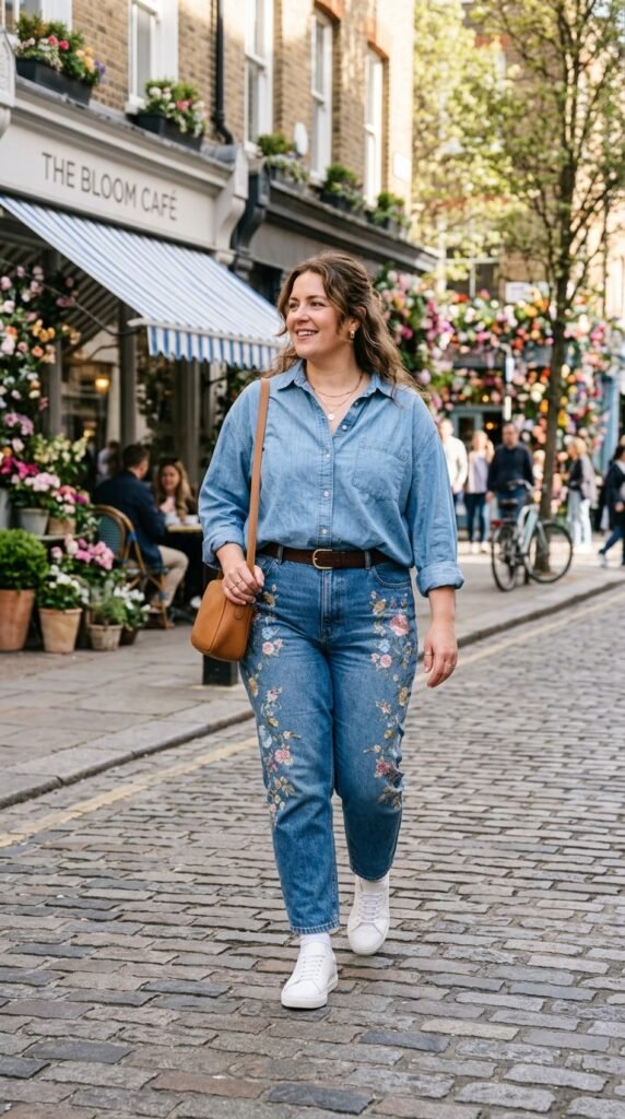 Woman_wearing_flower_jeans_chambary_shirt Woman_wearing_flower_jeans_chambary_shirt