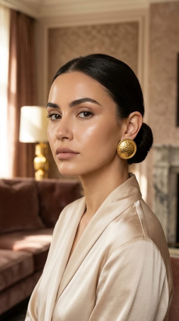 Woman_wearing_gold_button_earrings Woman_wearing_gold_button_earrings