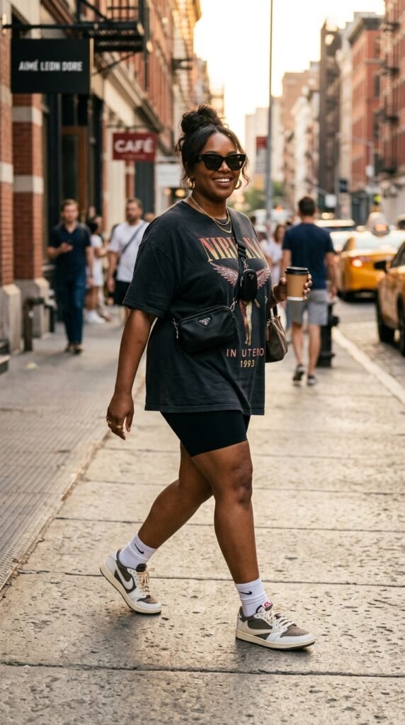 Woman_wearing_graphic_tee_shorts Woman_wearing_graphic_tee_shorts