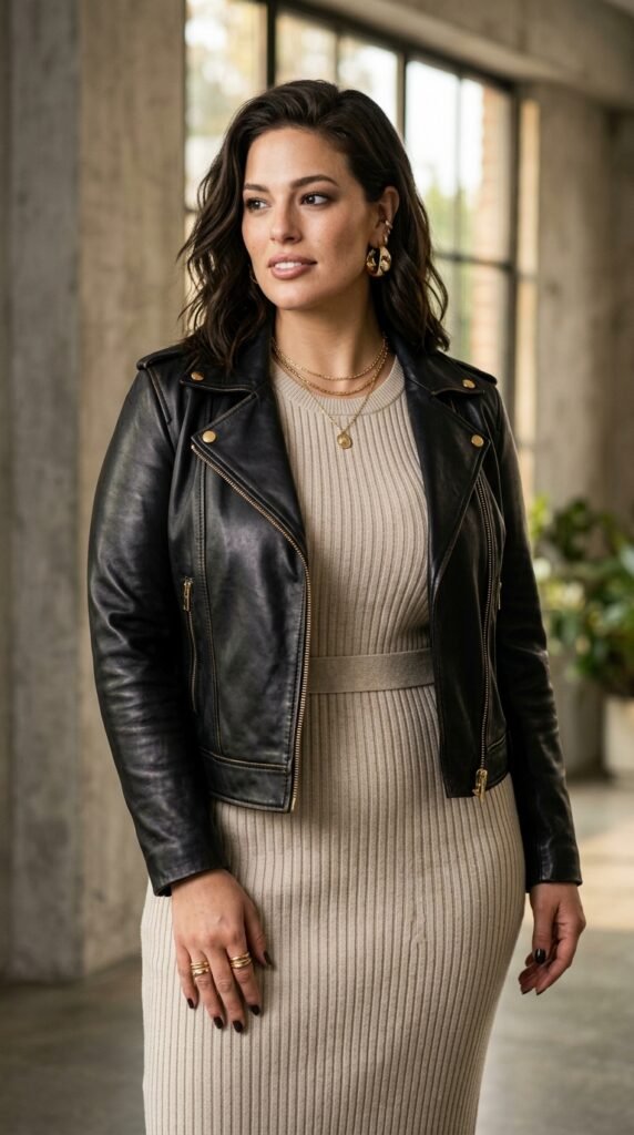 Woman_wearing_leather_jacket_kni…_202607181456 Woman wearing leather jacket kni… 202607181456 Leather Jacket Outfit Ideas