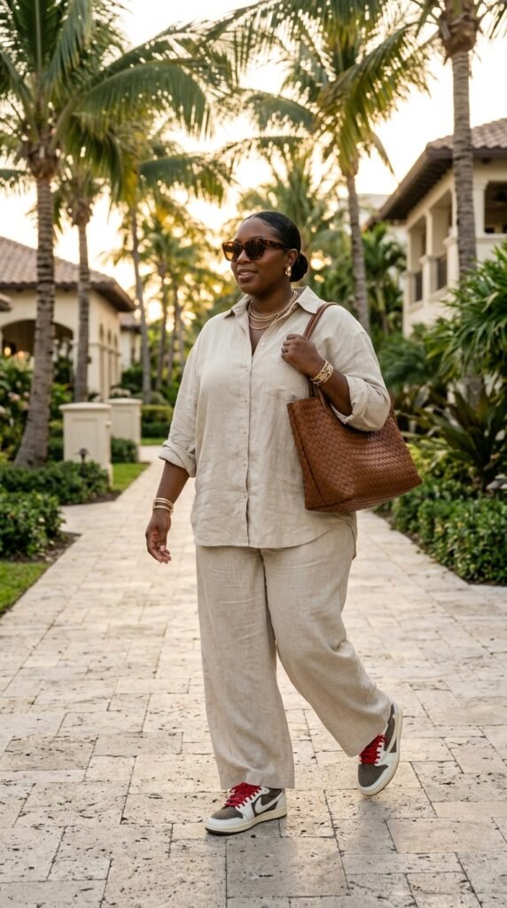 Woman_wearing_linen_set_sneakers Woman_wearing_linen_set_sneakers