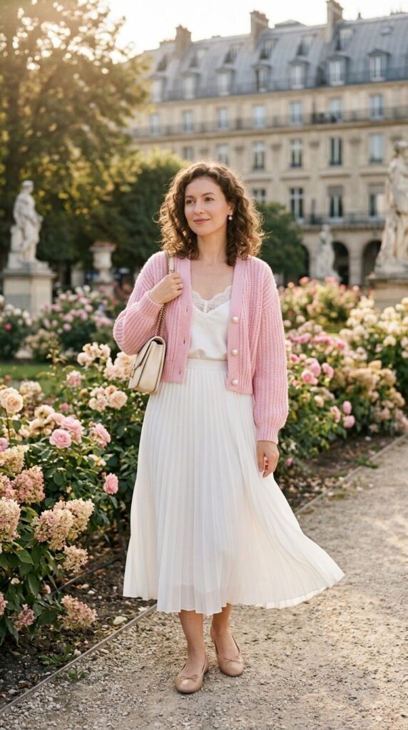 Woman_wearing_pink_cardigan_white_midi_skirt Woman_wearing_pink_cardigan_white_midi_skirt