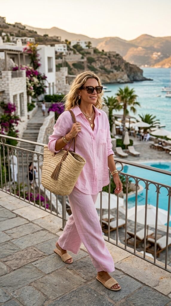 Woman_wearing_pink_linen_set_ Woman_wearing_pink_linen_set_
