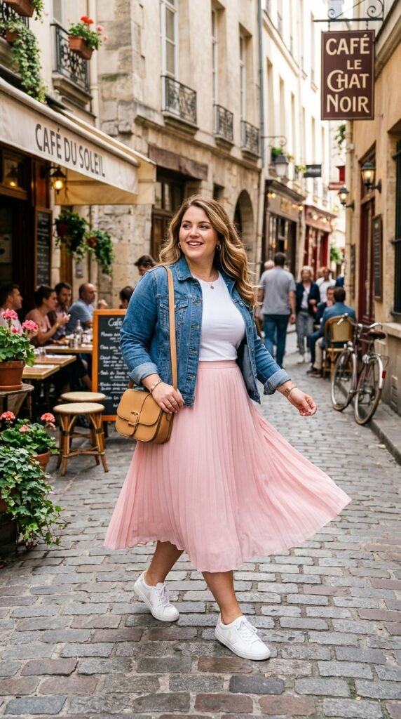 Woman_wearing_pink_skirt_denimjacket Woman_wearing_pink_skirt_denimjacket