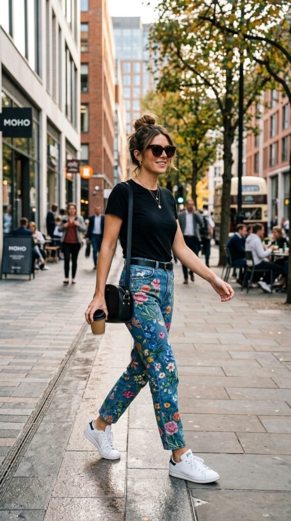 Woman_wearing_printed_jeans_black_tee Woman_wearing_printed_jeans_black_tee