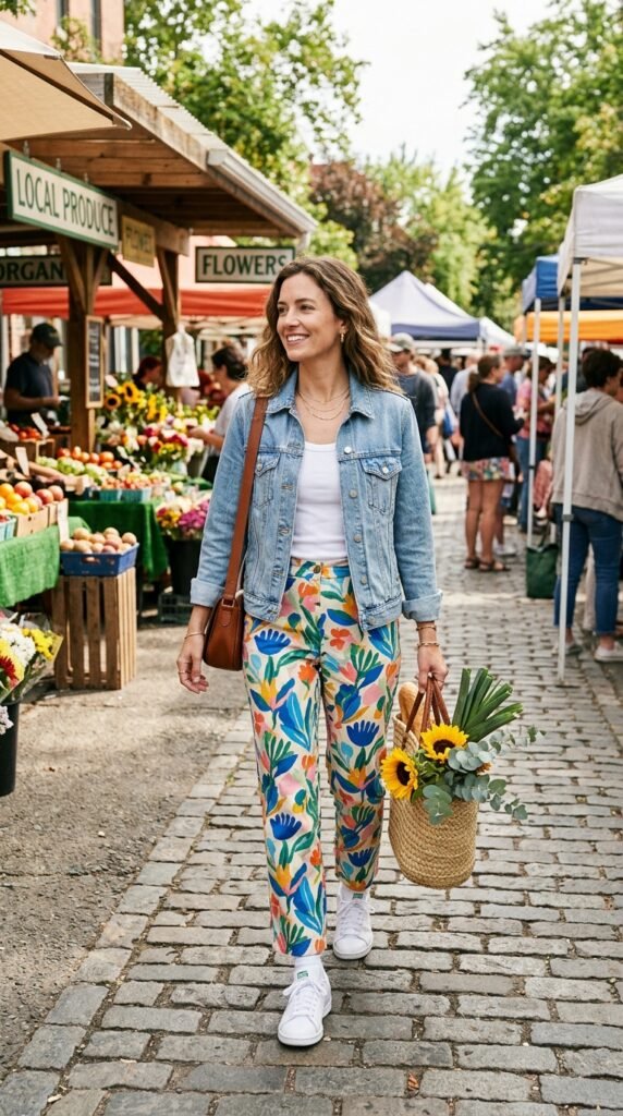Woman_wearing_printed_pants_denim_jacket Woman_wearing_printed_pants_denim_jacket