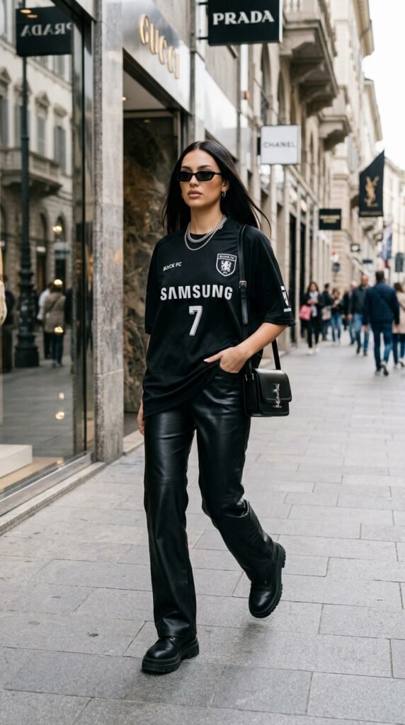 Woman_wearing_soccer_jersey_leather pants Woman_wearing_soccer_jersey_leather pants