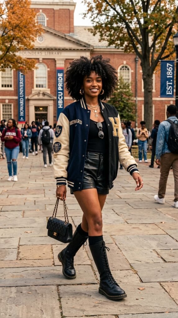 Woman_wearing_varsity_jacket_shorts Woman_wearing_varsity_jacket_shorts