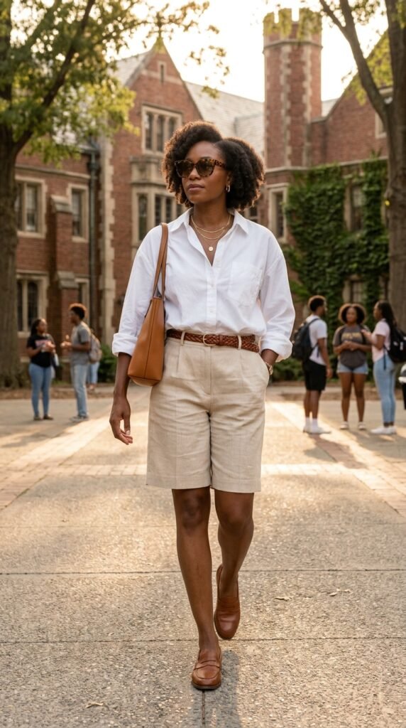 Woman_wearing_white_shirt_Bermuda_shorts Woman_wearing_white_shirt_Bermuda_shorts
