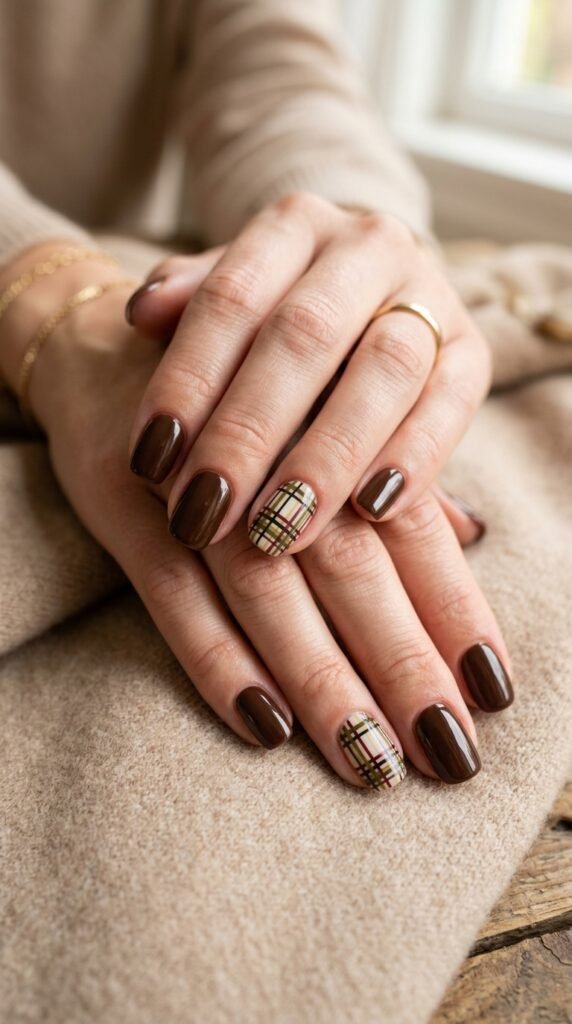 Chocolate_brown_plaid_accent_nails_ Chocolate_brown_plaid_accent_nails_