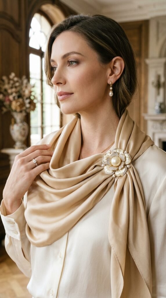 Floral_brooch_securing_silk_scarf_ Floral_brooch_securing_silk_scarf_
