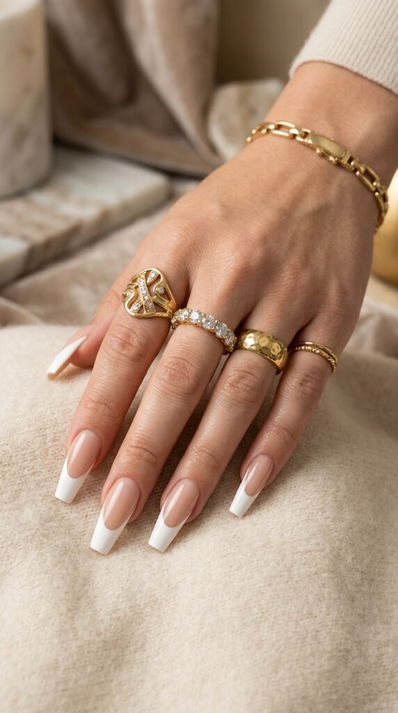 Manicure_with_rings_and_bracelet_coffin french tips Manicure_with_rings_and_bracelet_coffin french tips