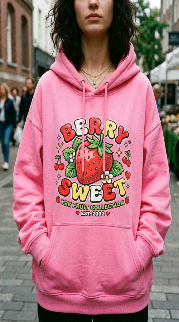 Model_wearing_pink_strawberry_hoodie Model_wearing_pink_strawberry_hoodie