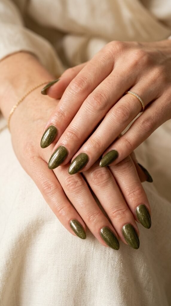 Olive_manicure_with_gold_shimmer Olive_manicure_with_gold_shimmer