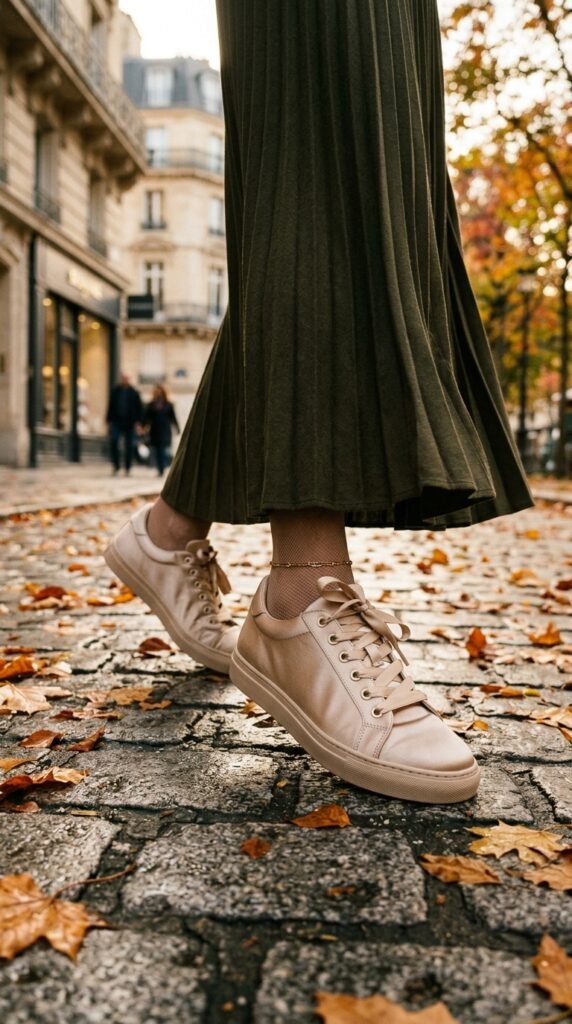 Satin_sneakers_with_midi_skirt fall shoes trends