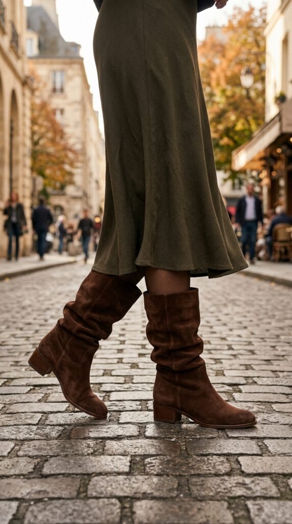 Slouchy_boots_with_midi_skirt fall shoes trends