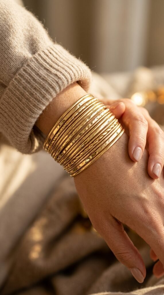 Stacked_gold_bangles_on_wrist_ Stacked_gold_bangles_on_wrist_