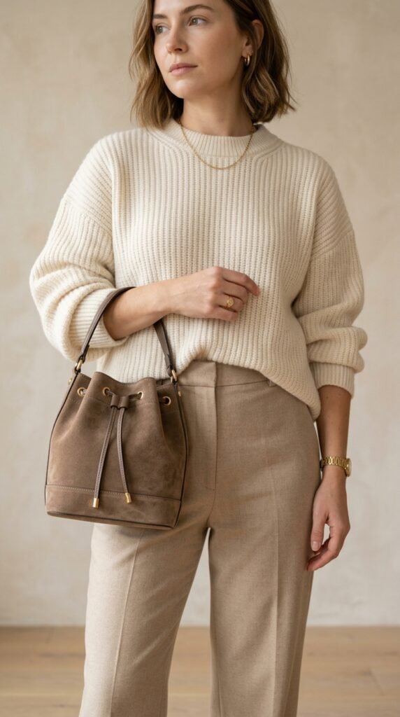 Woman_holding_taupe_bucket_bag Woman_holding_taupe_bucket_bag