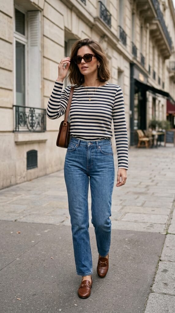 Woman_wearing_Breton_top_jeans_ retro chic style