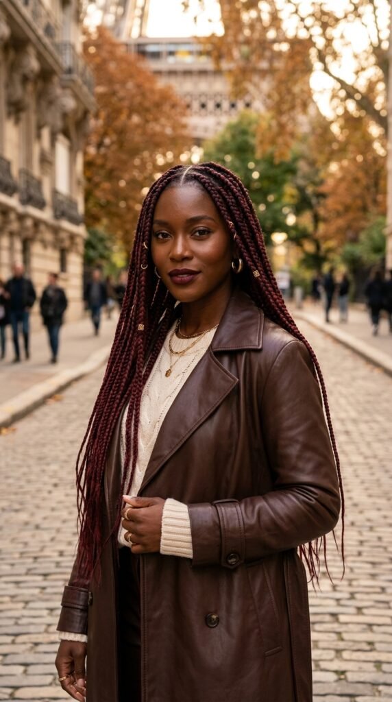Woman_wearing_burgundy_knotless fall hairstyles for black women