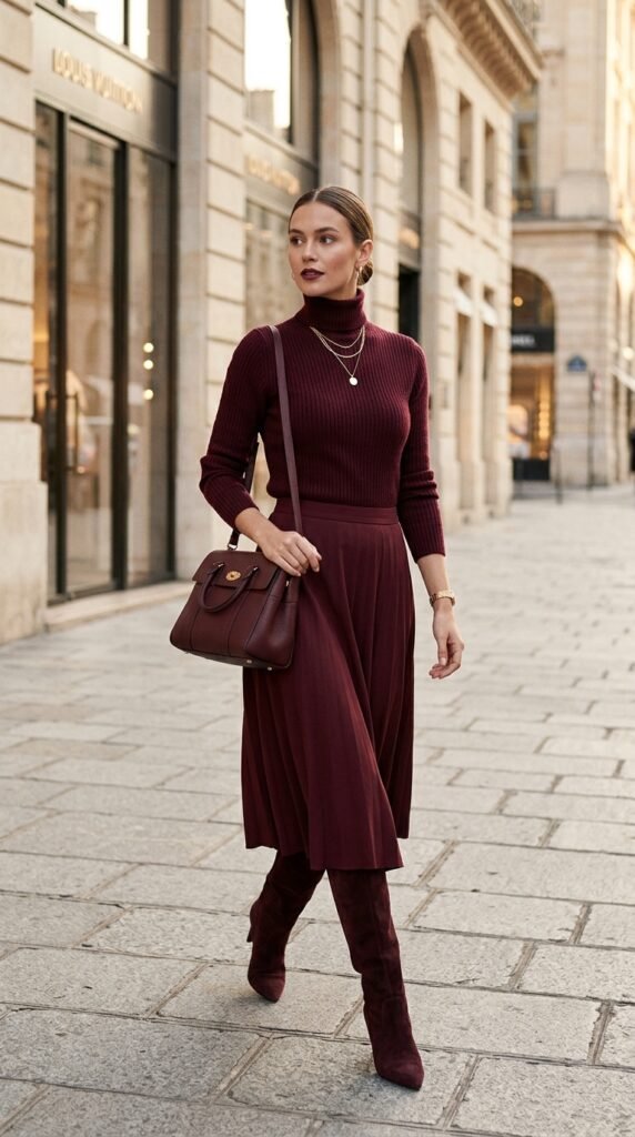 Woman_wearing_burgundy_monochrome outfit Woman_wearing_burgundy_monochrome outfit