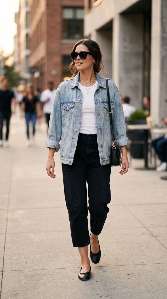 Woman_wearing_denim_jacket_and capri pants Woman_wearing_denim_jacket_and capri pants