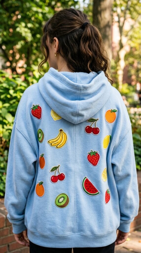 Woman_wearing_fruit_patch_hoodie Woman_wearing_fruit_patch_hoodie