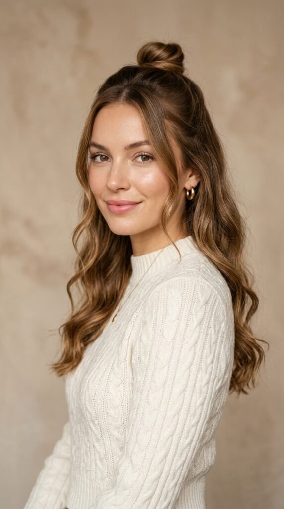 Woman_wearing_half-up_mini_bun_ Woman_wearing_half-up_mini_bun_